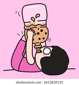 Thirsty Lady Drinking A Gallon Of Bubble Milk Tea Concept Cartoon Character illustration