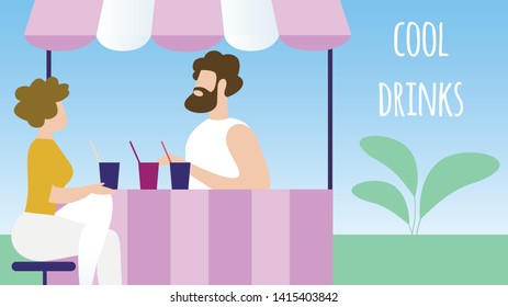 Thirsty Man Buying Cool Drinks in City Park Booth. Summer Time Vacation, Travel, Character Walking, Relaxing on Weekend, Summertime Holidays Leisure Cartoon Flat Vector Illustration, Horizontal Banner