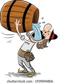 Thirsty man drinking water from big barrel