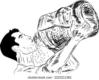 Thirsty man drinking water with large bottle vectors and illustrations, Thirsty man drinking water with big gallon bottle cartoon doodle sketch drawing