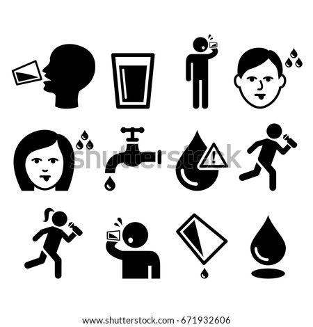 Thirsty man, dry mouth, thirst, people drinking water icons set 