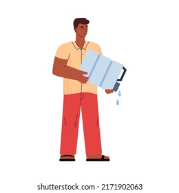 Thirsty Man With Empty Bottle Of Drinking Water, Water Scarcity Concept - Flat Vector Illustration Isolated On White. Climate Change And Poverty. African Man With Last Drop Of Water.