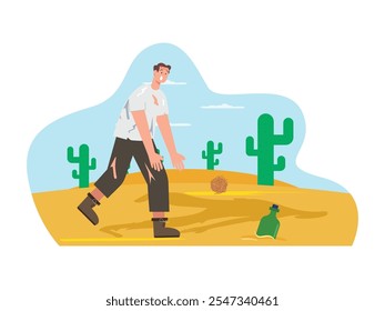 Homem sedento perdido só no deserto, sobrevivendo sozinho. Design de caracteres. Ilustração em plano vetorial