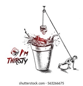 Thirsty man pulling a rope with ice cube, Hand Drawn Vector Background.