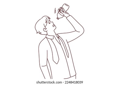 Thirsty man suffer from hot weather drinking last drops of water. Unwell male struggle with heatstroke outdoors. Vector illustration. 