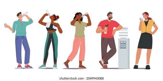 Thirsty People Drink Fresh Water Concept. Male and Female Characters Young and Adults Drinking Cold Aqua from Cooler, Sports Girl Refreshing Hydration after Gym Training. Cartoon Vector Illustration