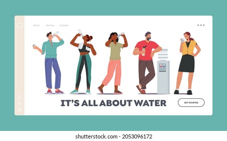 Thirsty People Drink Fresh Water Landing Page Template. Characters Young and Adults Drinking Cold Aqua from Cooler, Sports Girl Refreshing Hydration after Gym Training. Cartoon Vector Illustration