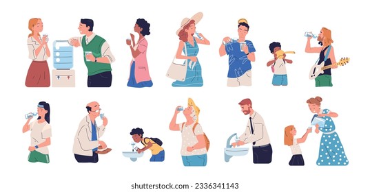 Thirsty people drinking. Cartoon men women drink lots refreshing water, thirst or dehydration concept, old young person consumption health drinks in hot classy vector illustration of woman and man