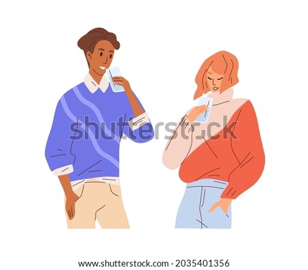 Thirsty people drinking clean fresh water. Couple of modern man and woman with glasses of pure aqua liquid, quenching thirst. Healthy habit. Flat vector illustration isolated on white background