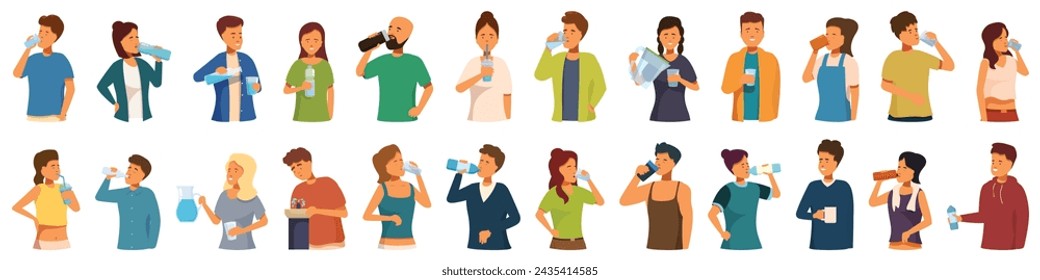 Iconos de beber de la gente sedienta vector de dibujos animados. Filtro de vidrio de botella. Persona mamá bebida