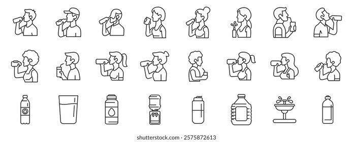  Thirsty people drinking icons set. Diverse individuals enjoying various drinks and utilizing hydration sources, promoting health and refreshment