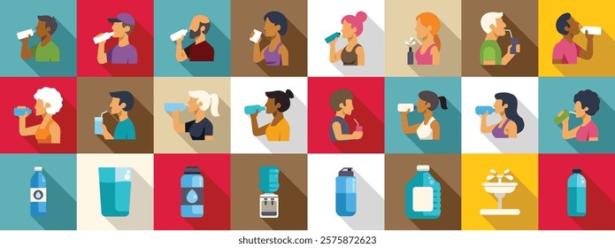  Thirsty people drinking icons set. Diverse people hydrating, drinking water from bottles, glasses and water dispensers, promoting health and wellbeing