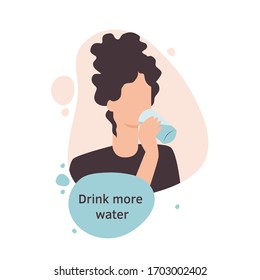 Thirsty pretty girl drinks water. Vector isolated illustration in cartoon style of a woman drinking liquid for health and wellbeing in a flat design style. World water day international