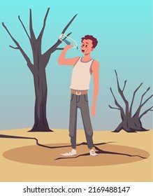 Thirsty And Sick Man Drinking Last Drop Of Water, Flat Vector Illustration. Character With Dehydration Holding Bottle Of Water. Water Scarcity, Drought And Natural Cataclysm Concepts.