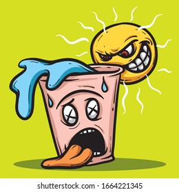 Thirsty soda with hot sun. Vector beverages concept isolated on green background. cup with splashing water