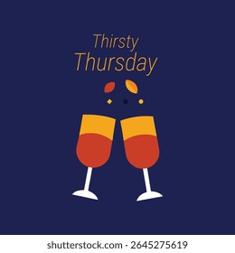 Thirsty thursday celebration with clinking glasses filled with amber liquid and abstract shapes against a dark blue background