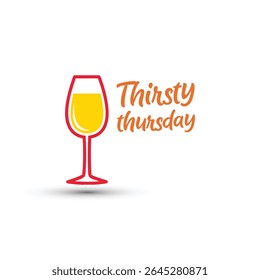 Thirsty thursday text with a stylized red wine glass filled with red liquid on a black background