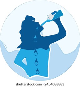 thirsty woman drinks clean water, and the water flow through her body. icon in trendy design style, isolated on background showing water level in body