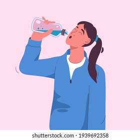 Eine Dame trinkt erfrischendes Wasser aus der Flasche. Ausgewogenes Hydrat, Erholung nach Sporttraining, gesunder Lebensstil, gute Gewohnheiten. Vektorgrafik einzeln auf Hintergrund