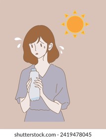 Mujer sedienta sosteniendo una botella de agua, luchando con la insolación en el clima caluroso. Deshidratación del calor Mano dibujó ilustración vectorial de caricatura plana.