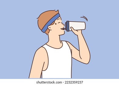 Thirsty young man drink water tired after running or workout. Exhausted guy enjoy beverage training or exercising. Vector illustration. 