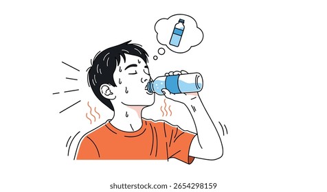 Sede Jovem Sentindo Bebidas Quentes Água Refrescante de Garrafa Plástica no Calor de Verão