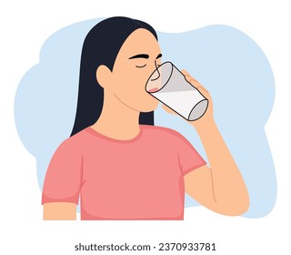 mujer joven sedienta tomando agua fresca de un retrato de vidrio con imagen de la cabeza