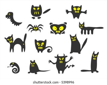 Thirteen black Halloween monsters on a white background.