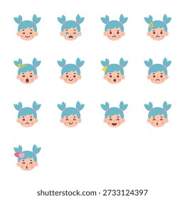 Thirteen cartoon faces with different emotions and hairstyles, including bows and clips, on a white background.