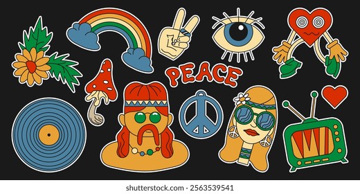 Thirteen colorful stickers, icons in 70s style. Groovy, hippie culture. Vector set