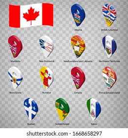 Thirteen flags the Provinces of Canada  - alphabetical order with name.  Set of 3d geolocation signs like flags Provinces of Canada.  Thirteen  3d geolocation signs for your design. EPS10.