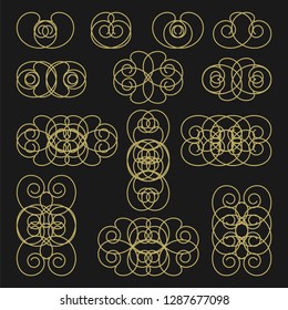 Thirteen gold ornamental elements on a dark background for patterns, frames and design of various projects. Vector set