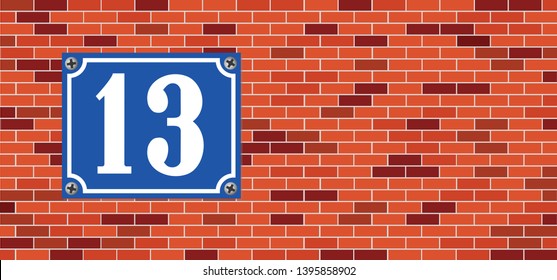 Thirteen Lucky Number, Friday 13th Sign. Unlucky Number 13. House Pictogram. Accident Number. Happy Halloween Day. Flat Vector Symbol. Brick Wall Stone Banner. Friday 13