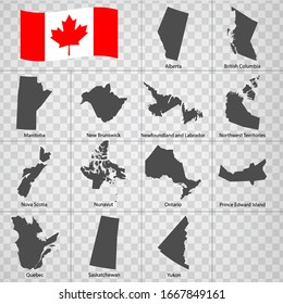 Thirteen Maps  Provinces of Canada - alphabetical order with name. Every single map of  Province are listed and isolated with wordings and titles. Canada. EPS 10.