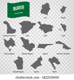 Thirteen Maps Regions of Saudi Arabia - alphabetical order with name. Every single map of  Region Saudi Arabia  are listed and isolated with wordings and titles.  EPS 10.
