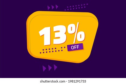 thirteen percent discount. purple banner with orange floating balloon for promotions and offers 