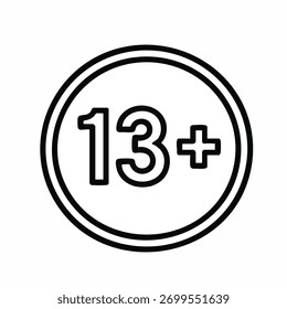 Thirteen plus restriction symbol icon black outline isolated on white background for age limitation