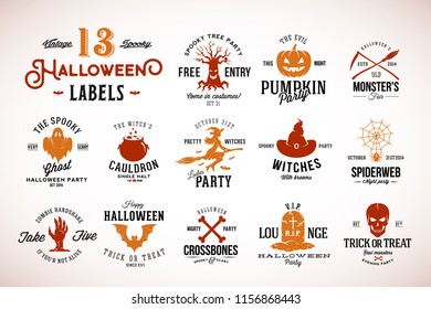 Thirteen Spooky Vintage Halloween Vector Badges, Labels or Logo Templates. Pumpkin, Ghost, Skull, Bones, Bats and Other Symbols with Retro Typography. Isolated.