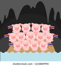 The Thirteen wild boars inside a dark cave. Cartoon style.Missing Thai boys, coach ‘found safe’ in caves after 9 days. The news in cartoon style.