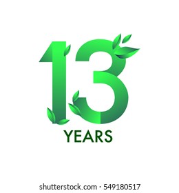 thirteen years anniversary celebration logotype with leaf and green colored. 13th birthday logo on white background