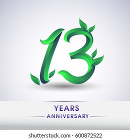 thirteen years anniversary celebration logotype with leaf and green colored. 13th birthday logo on white background.