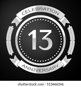 Thirteen years anniversary celebration with silver ring and ribbon on black background. Vector illustration