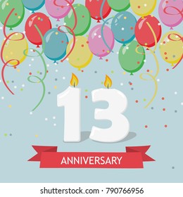 Thirteen years anniversary greeting card with candles, confetti and balloons.