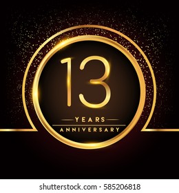 thirteen years birthday celebration logotype. 13th anniversary logo with confetti and golden ring isolated on black background, vector design for greeting card and invitation card.