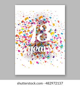 Thirteen years paper sign over confetti. Vector holiday illustration.
