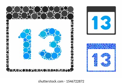 Thirteenth calendar page composition of circle elements in various sizes and color hues, based on thirteenth calendar page icon. Vector circle elements are combined into blue illustration.