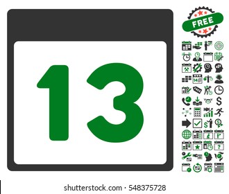 Thirteenth Calendar Page icon with bonus calendar and time management design elements. Vector illustration style is flat iconic symbols, green and gray, white background.