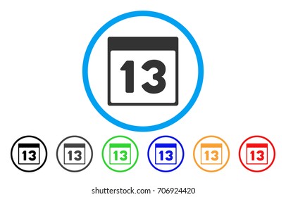 Thirteenth Calendar Page vector rounded icon. Image style is a flat gray icon symbol inside a blue circle. Bonus color variants are grey, black, blue, green, red, orange.