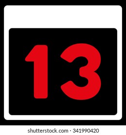 Thirteenth Date vector icon. Style is bicolor flat symbol, red and white colors, rounded angles, black background.