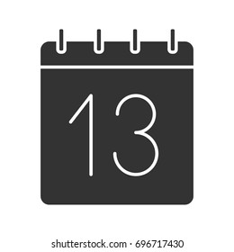 Thirteenth day of month glyph icon. Date silhouette symbol. Wall calendar with 13 sign. Negative space. Vector isolated illustration